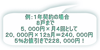 例：１年契約の場合　 ８戸まで　　 ５，０００円×月４回として ２０，０００円×１２ヵ月＝２４０，０００円 ５％お値引きで２２８，０００円！
